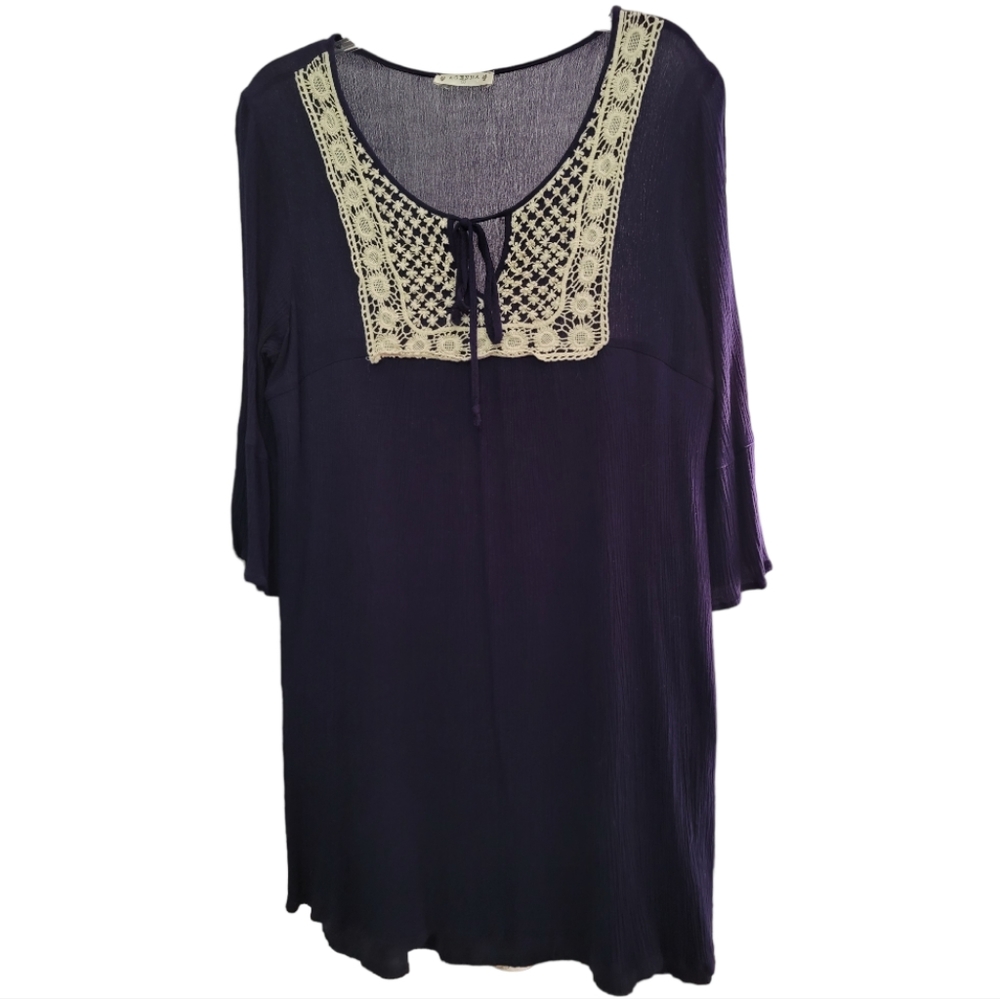 Agenda Floral Embroidered Boho Blue Tunic Blouse Top